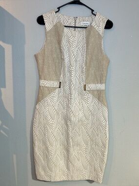NEW Calvin Klein quiet luxury sleeveless dress Cream & Tan Textured print sz 10